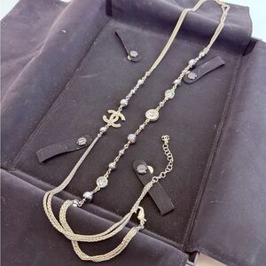 Chanel Crystal Beaded Cc Long Necklace Silver
